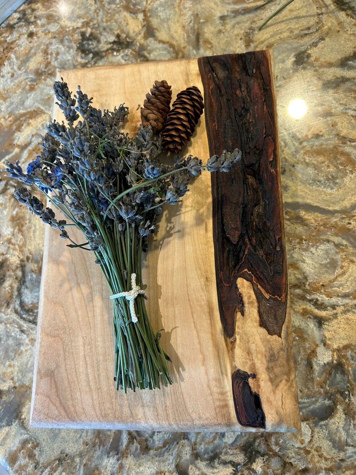 Live-edge board with dried lavender