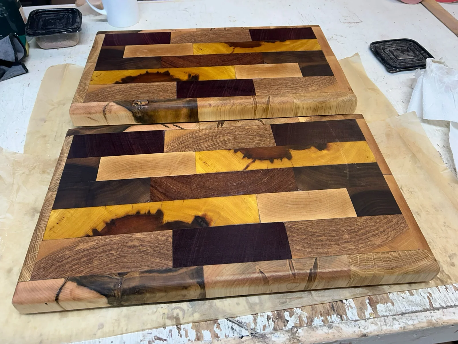 Geometric multi-wood board in progress